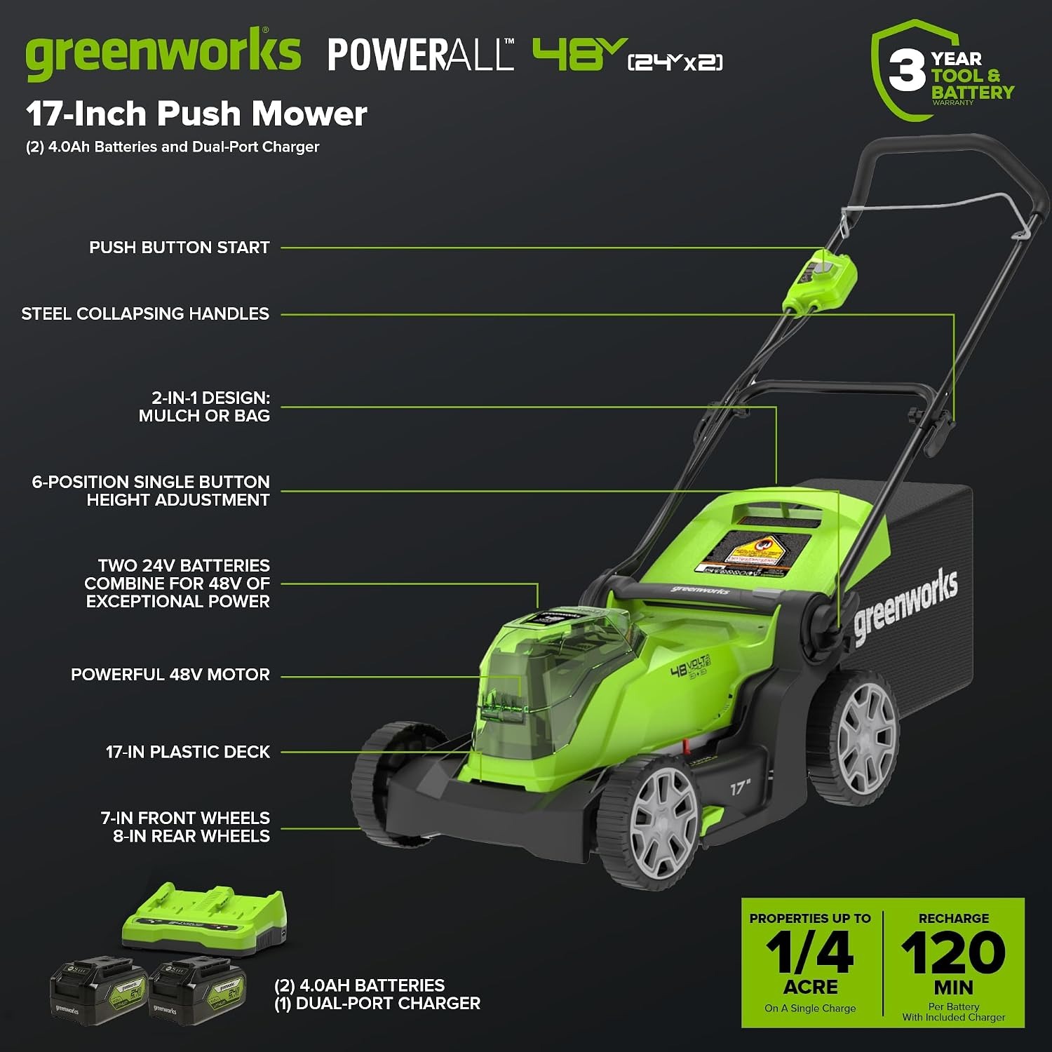 Greenworks 48V 17 Inch Cordless Push Mower Kit: image 3