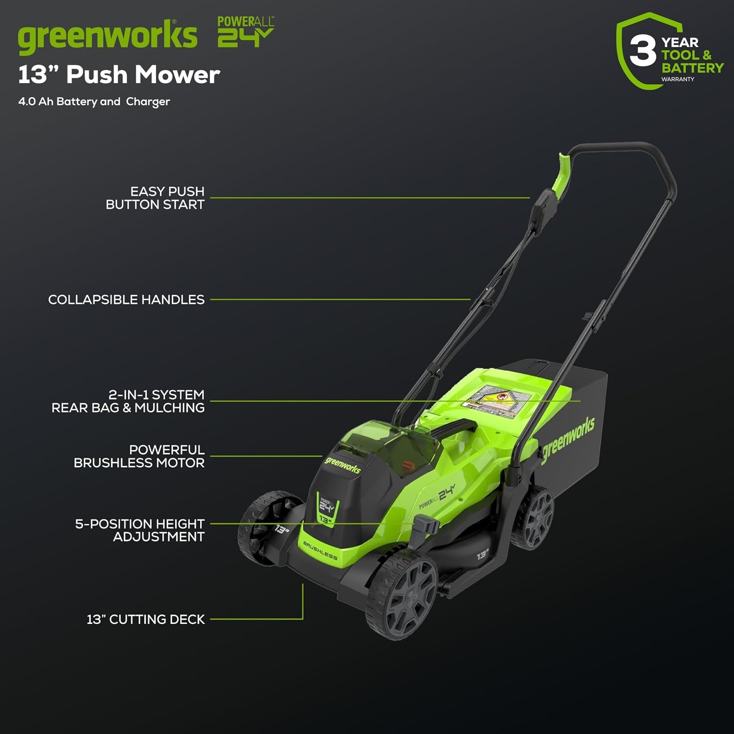Greenworks 24V 13 Inch Cordless Lawn Mower Kit: image 2