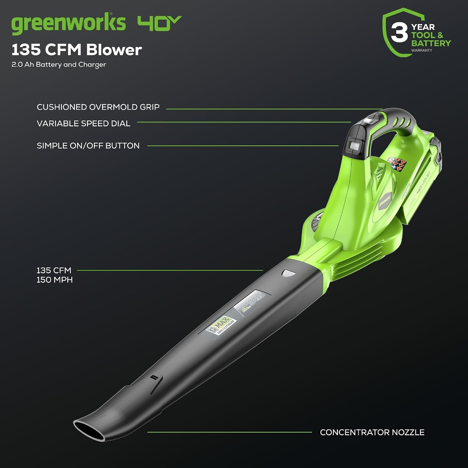 Greenworks 40V Cordless Leaf Blower Kit: image 2